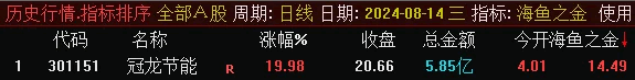 通达信【海鱼之金】竞价排序指标 开盘定尾盘全天不变